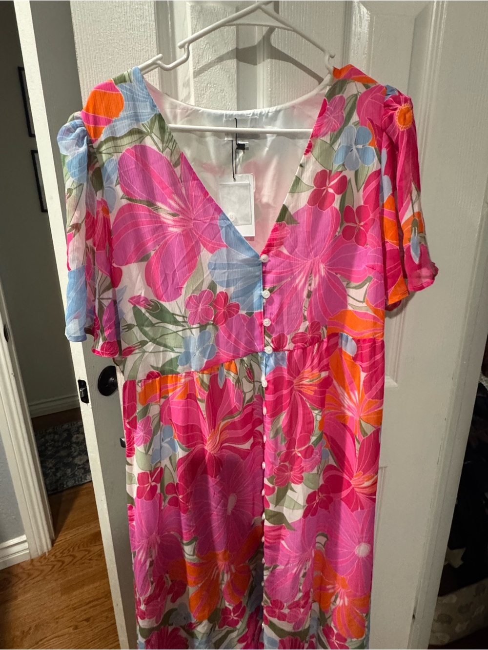 Vibrant Pink Floral Button-Front Maxi Dress